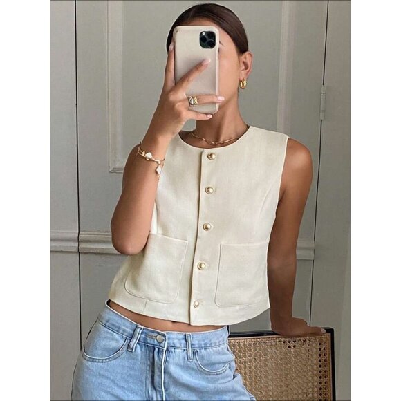 gold button down cream vest minimalist plazacore - Picture 1 of 2